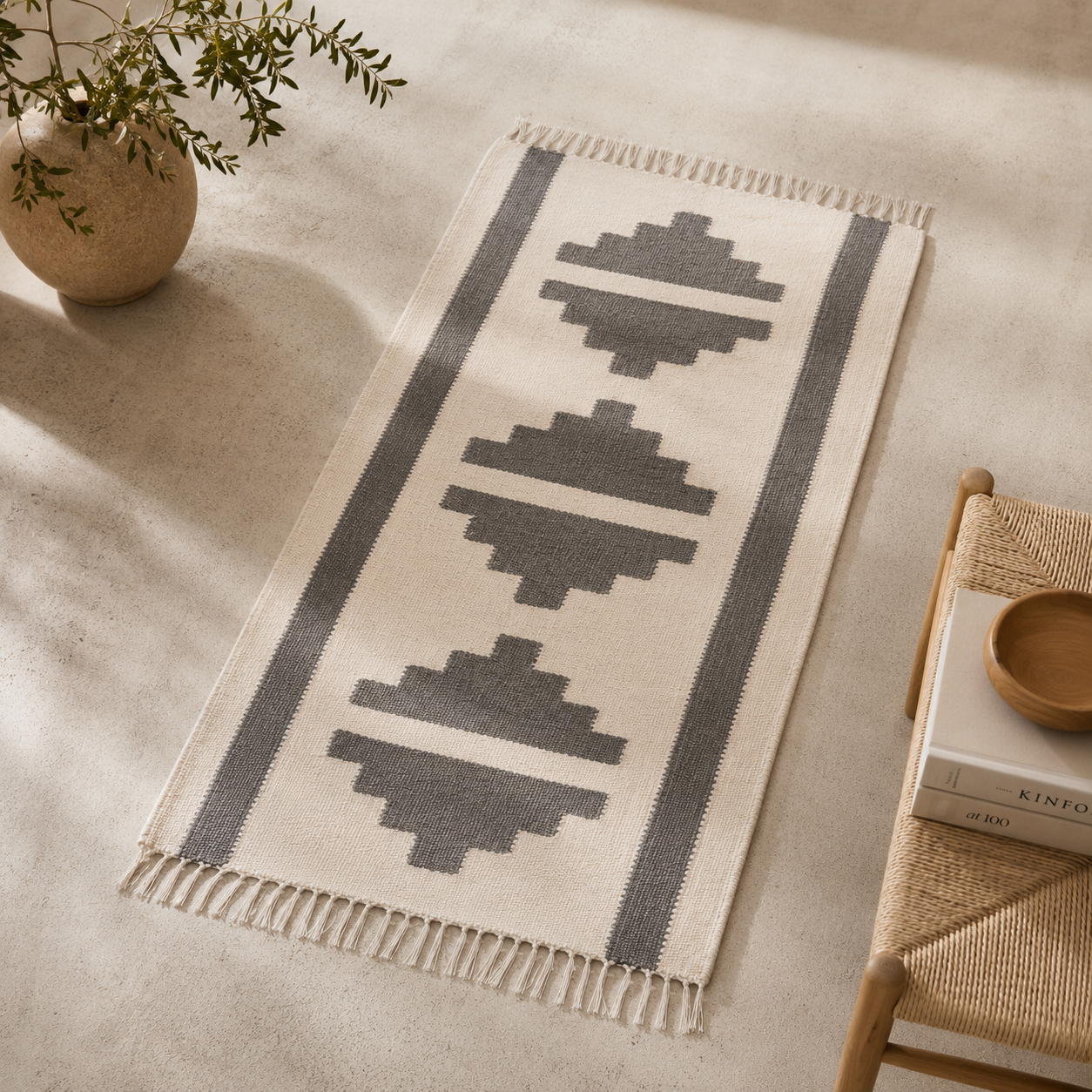 Siwa - Soft grey motifs on ivory - 70 x 140 cm